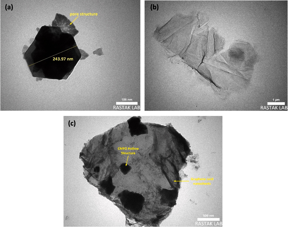 TEM micrographs for (a) pure CMFO hollow microstructures, (b) GO nanosheets, and (c) CMFO/GO NCs.