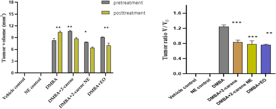 Pretreatment and posttreatment tumor volume and tumor ratio V/V0. The data displays the mean ± standard deviation, with * (p < 0.05), ** (p < 0.001), and *** (p < 0.0001) indicating statistical significance compared to vehicle control group and DMBA induced group.