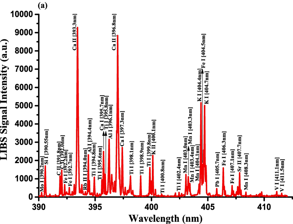 LIBS emission spectra of Costus roots (CRs) recorded in the wavelength region (a) 390–412.5 nm, (b) 417–433 nm, and (c) 542–549 nm.