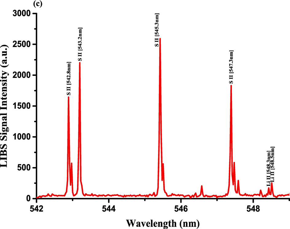 LIBS emission spectra of Costus roots (CRs) recorded in the wavelength region (a) 390–412.5 nm, (b) 417–433 nm, and (c) 542–549 nm.