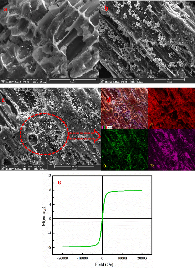 The microstructure analysis of the MB-600 °C (a-d) and the hysteresis loop of the MB-600 °C (e).