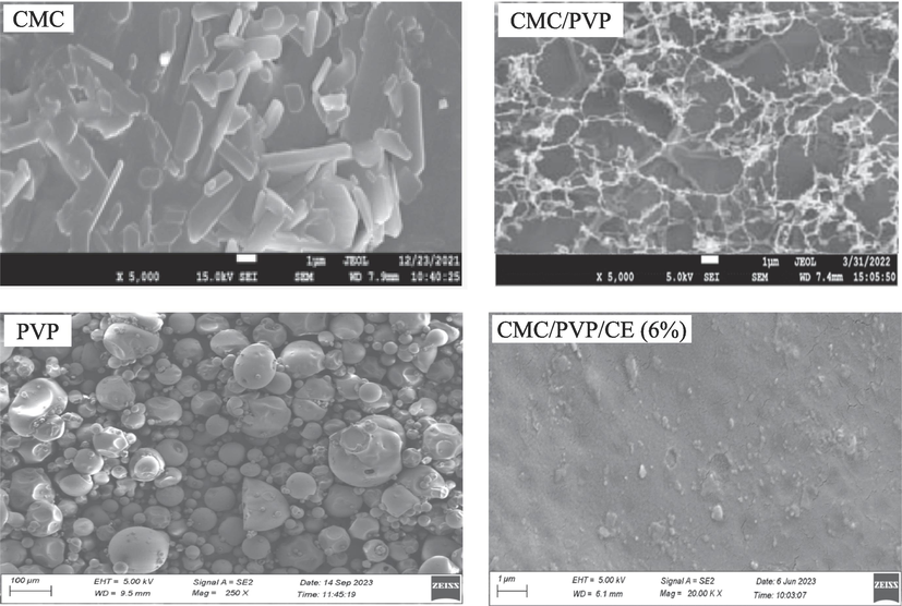 FESEM images of CMC, PVP, CMC/PVP, CMC/PVP/CE (6%) samples.