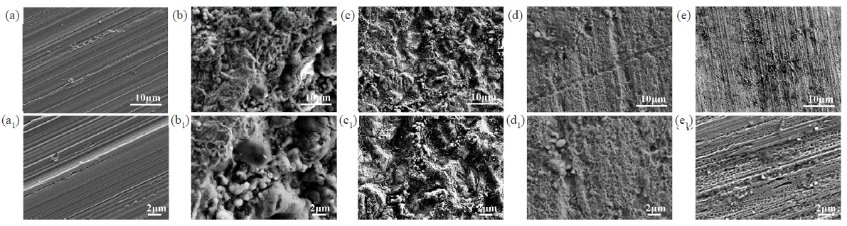 Scanning electron microscopy (SEM) images of Q235 steel (QS): (a, a1) polished, (b, b1) in 0.5 M HCl, (c, c1) in 0.5 M HCl + 0.1 g/L potassium iodide (KI), (d, d1) in 0.5 M HCl + 0.8 g/L orange peel extract (OPE), (e, e1) in 0.5 M HCl + 0.8 g/L OPE and 0.1 g/L KI.