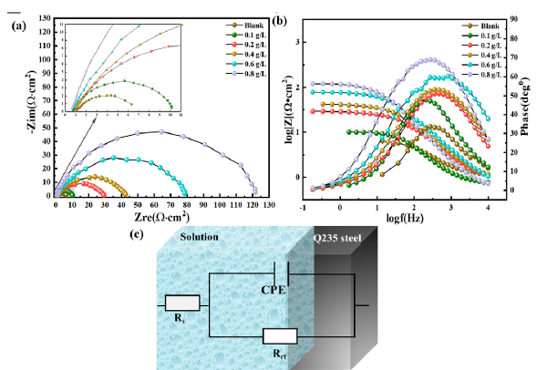 (a) Nyquist diagram of Q235 steel (QS) at 0.5 M HCl with or without orange peel extract (OPE)/potassium iodide (KI), (b) Bode diagram of QS in 0.5 M HCl with or without OPE/KI, (c) Equivalent circuit for fitting Electrochemical Impedance Spectroscopy (EIS) data. CPE: Constant phase element.