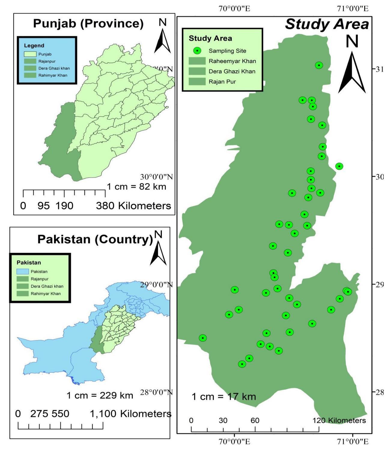 Geographic Information System map of the sub-sites of three southern districts (RP, RYK and DGK) of Punjab, Pakistan.