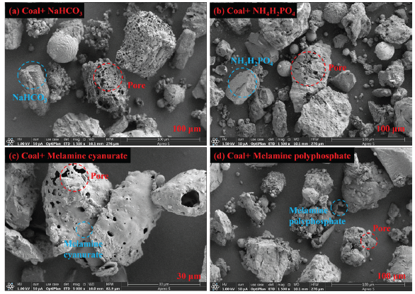 (a-d) Scanning electron microscope (SEM) image of residual coal dust explosion after adding explosion suppressant.