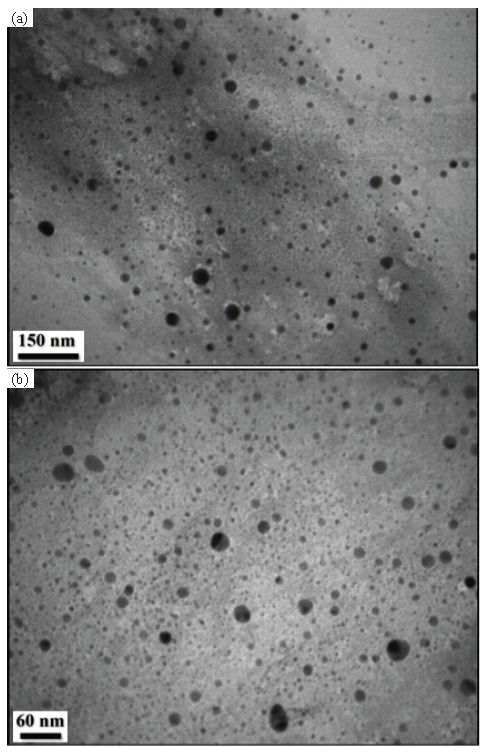 TEM of the ST-LS/AuNPs with scale bar (a) 150 nm, (b) 30 nm.