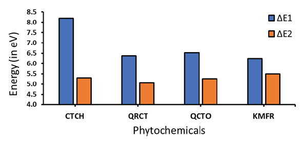 Energy gaps of the Fe-inhibitors of the four investigated phytochemicals (ΔE1 and ΔE2).