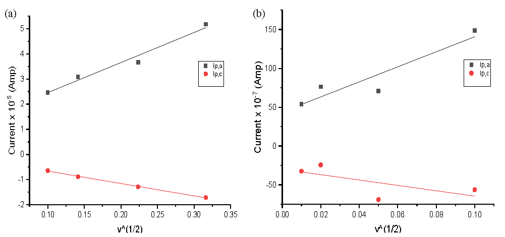 Relation (ip vs. ν1/2) for CuCl2 at final adding in (a) absenteeism and (b) presences of H2BT K for wave (A).