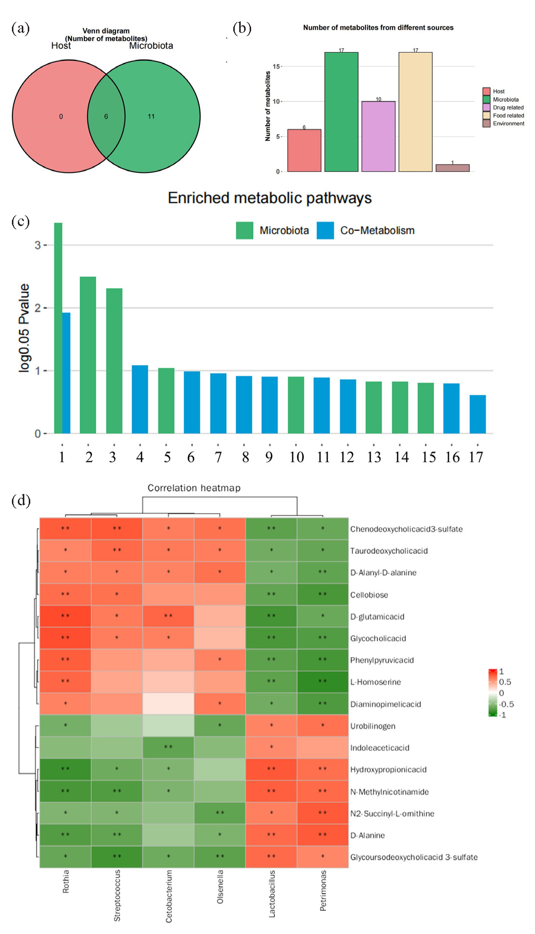 MetOrigin analysis of differential metabolites in gastric tissues. (a) Venn diagram for traceability analysis. (b) Histogram of traceability analysis. (c) Functional analysis of differential metabolite traceability, metabolic pathways with log0.05 P values greater than 1 were considered statistically significant (1: D-Amino acid metabolism. 2: Peptidoglycan biosynthesis. 3: Lysine biosynthesis. 4: Beta−Alanine metabolism. 5: Sulfur metabolism. 6: Phenylalanine, tyrosine and tryptophan biosynthesis. 7: Propanoate metabolism. 8: Phenylalanine metabolism. 9: Carbon fixation pathways in prokaryotes. 10: Glycine, serine and threonine metabolism. 11: Primary bile acid biosynthesis. 12: Tryptophan metabolism. 13: Cysteine and methionine metabolism. 14: Teichoic acid biosynthesis. 15: Arginine and proline metabolism. 16: Pyrimidine metabolism. 17: Porphyrin metabolism). (d) Heatmap of microbial-metabolite correlation.