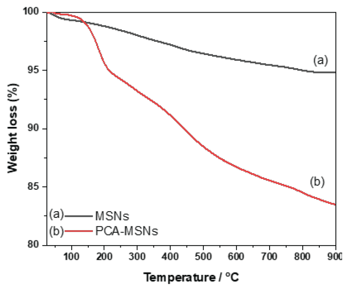 TGA of (a) calcined MSNs at 550°C and (b) PCA-MSNs.