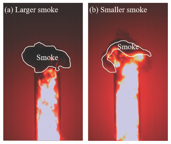 There are unburned particles and flame morphology of combustion products. (a) Larger smoke (b) Smaller smoke.