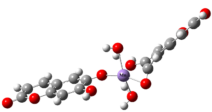 Optimal structure of ESM (C18H10O8Mn). (White dots denote H atoms, gray dots denote C atoms, red dots denote O atoms, and purple dot denotes Mn atom.)