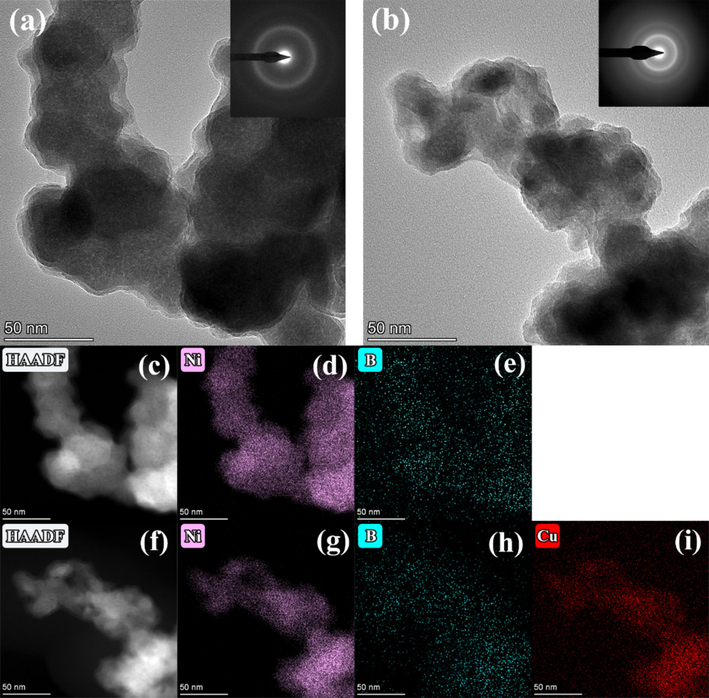 TEM bright-field images, the corresponding selected area electron diffraction (SAED) patterns and relative elemental mappings of S3 and Cu0.10 alloys: (a, c-e) S3, (b, f-i) Cu0.10.