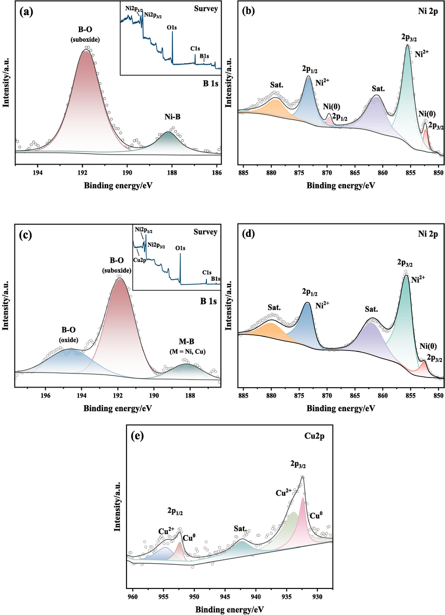 XPS spectra of S3 and Cu0.10 alloys: (a, b) S3; (c-e) Cu0.10.