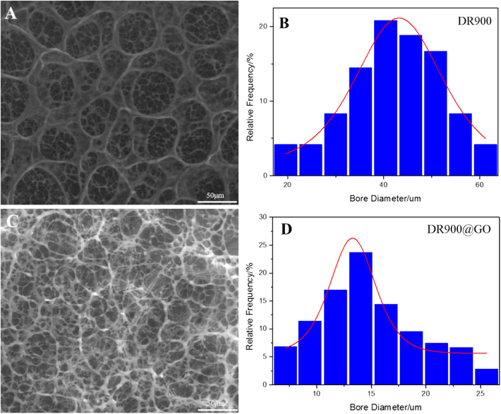 ESEM images and pore size distribution of DR900 and DRGO (A for DR900, B for DR900 pore size distribution, C for DRGO, and D for DRGO pore size distribution).