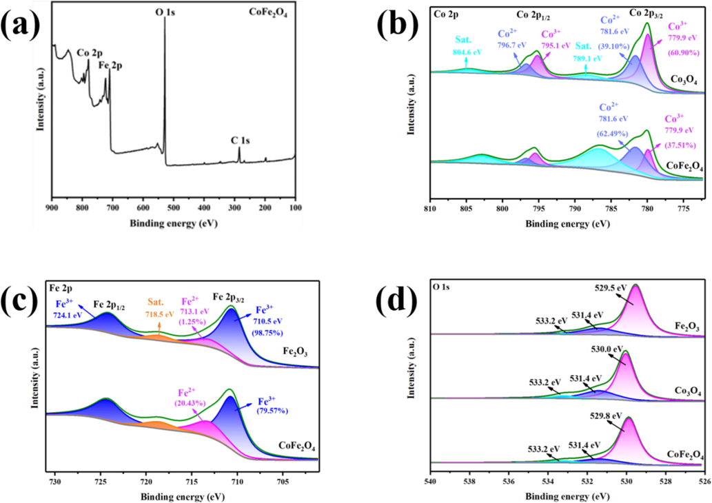 XPS survey spectra of the CoFe2O4 (a); The XPS spectra for Co 2p of both CoFe2O4 and Co3O4 (b); The XPS spectra for Fe 2p of both CoFe2O4 and Fe2O3 (c); The XPS spectra for O 1s of both CoFe2O4, Co3O4, and Fe2O3 (d).