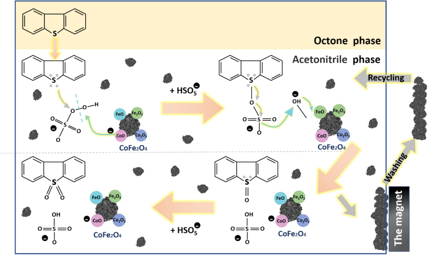 Catalytic oxidative desulfurization of CoFe2O4 possible desulfurization mechanism.