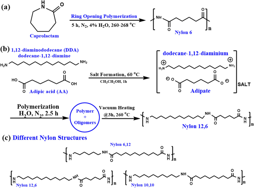 Synthesis route to Nylon 12,6 from the monomers Synthesis route to Nylon 12,6 from the monomers (b), common Nylon structures (c).