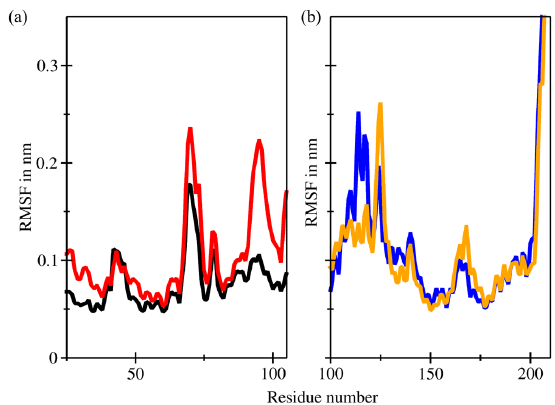 Root mean square fluctuations (RMSF) superimposition of the (a) backbones of murine double minute 2 (MDM2) (black) and C4-MDM2 (red) and (b) backbones of Bcl-2 (blue) and C4-Bcl-2 (orange).
