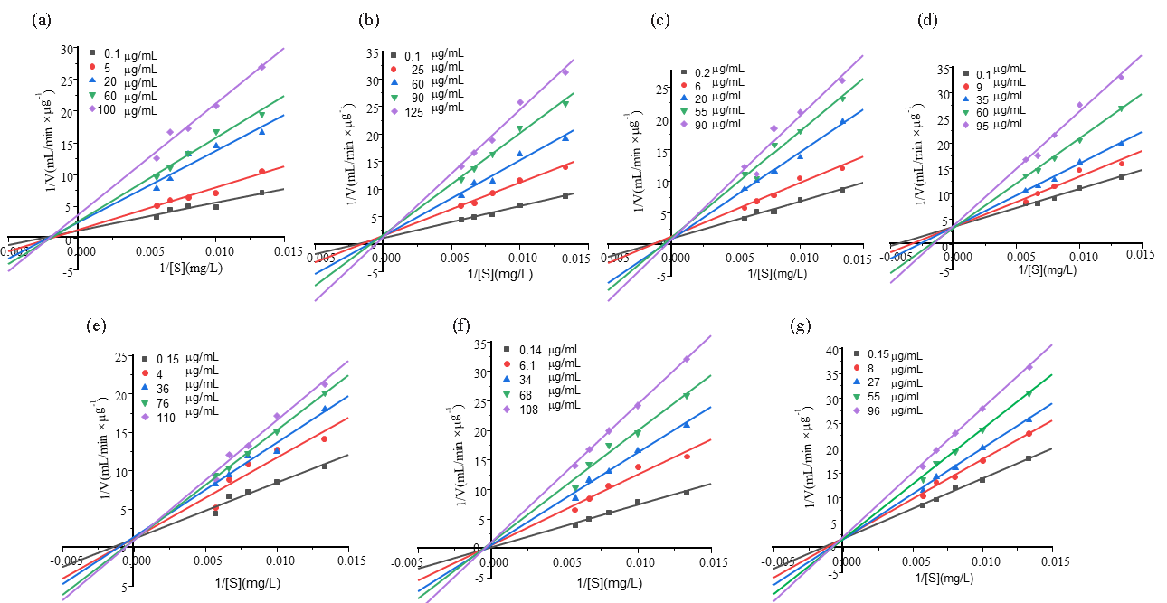 Lineweaver–Burk curves of XOD with different monomer concentrations. (a) Ganoderic acid A, (b) Ganoderic acid D, (c) Ganodermanontriol, (d) Ganoderiol F, (e) Ganoderiol B, (f) Ganoderiol A, (g) Ganoderal A.