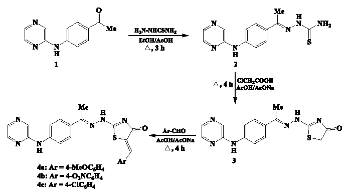Synthesis of pyrazine-thiazolin-4-one analogs 3 and 4a-c.