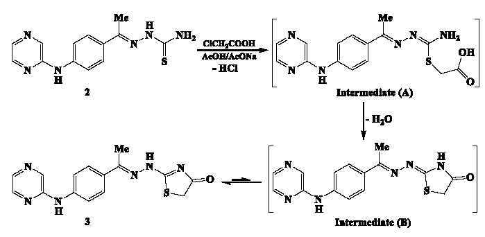The mechanism for cyclization of pyrazine-thiosemicarbazone 4 with chloroacetic acid.