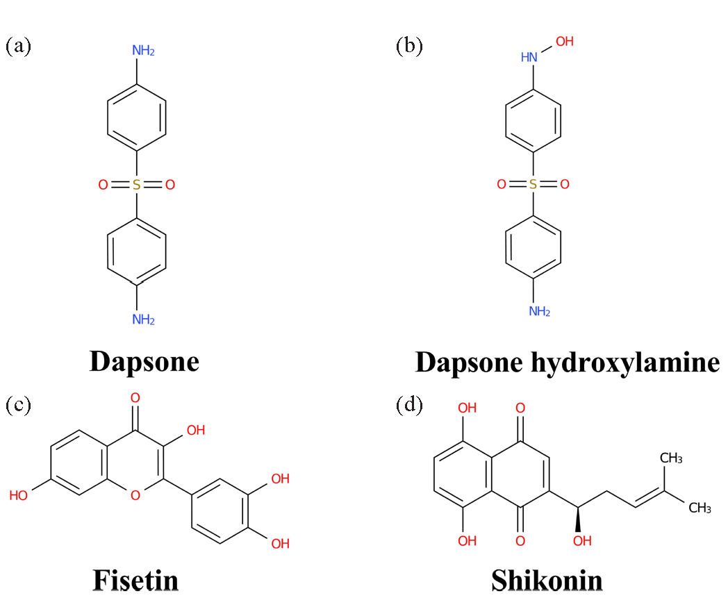 Chemical structural formulas: (a) dapsone, (b) dapsone hydroxylamine, (c) fisetin, and (d) shikonin.