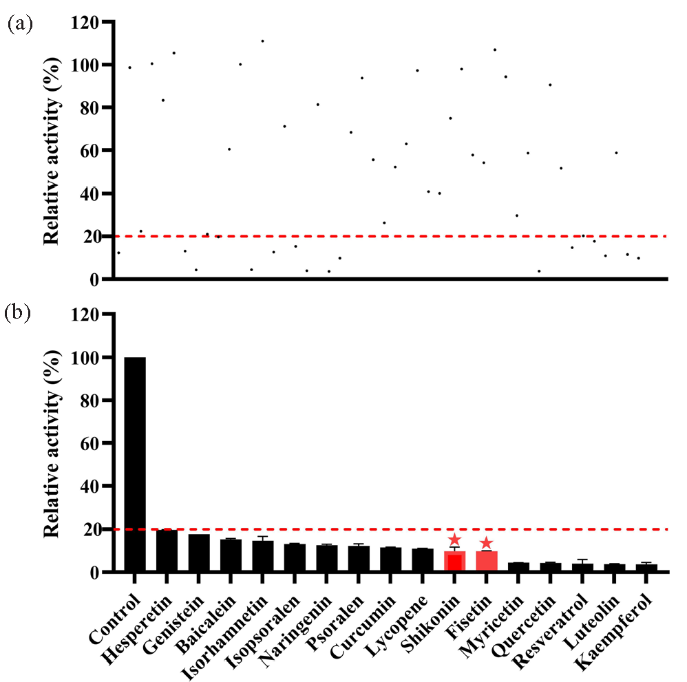 (a) Metabolism rate of dapsone in RLM by 48 traditional Chinese medicines (100 μM); (b) 16 traditional Chinese medicines with metabolism rate less than 20%. RLM: Rat liver microsomes.
