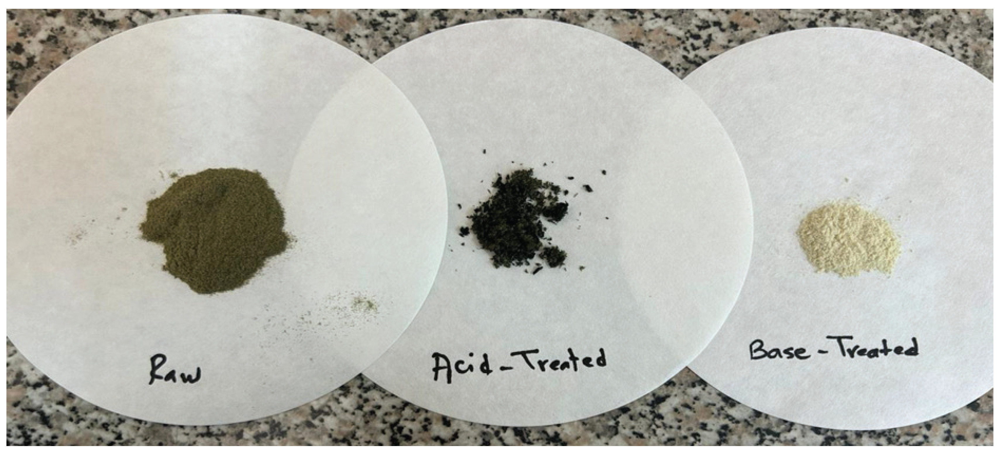 Visual appearance of raw (untreated), acid-treated, and base-treated WIC biosorbent.