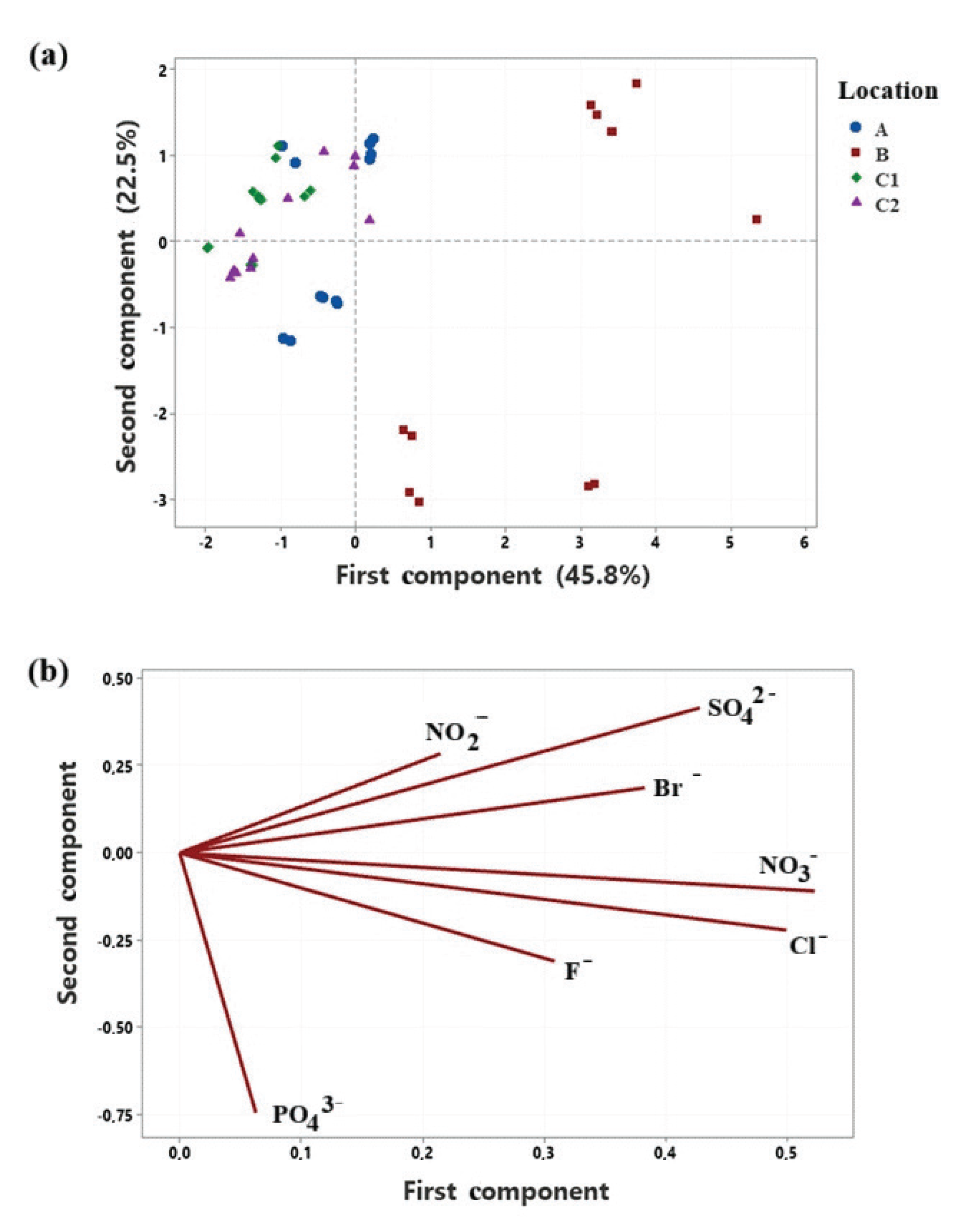 PCA Score plot (a) and loading plot (b) of all anions.