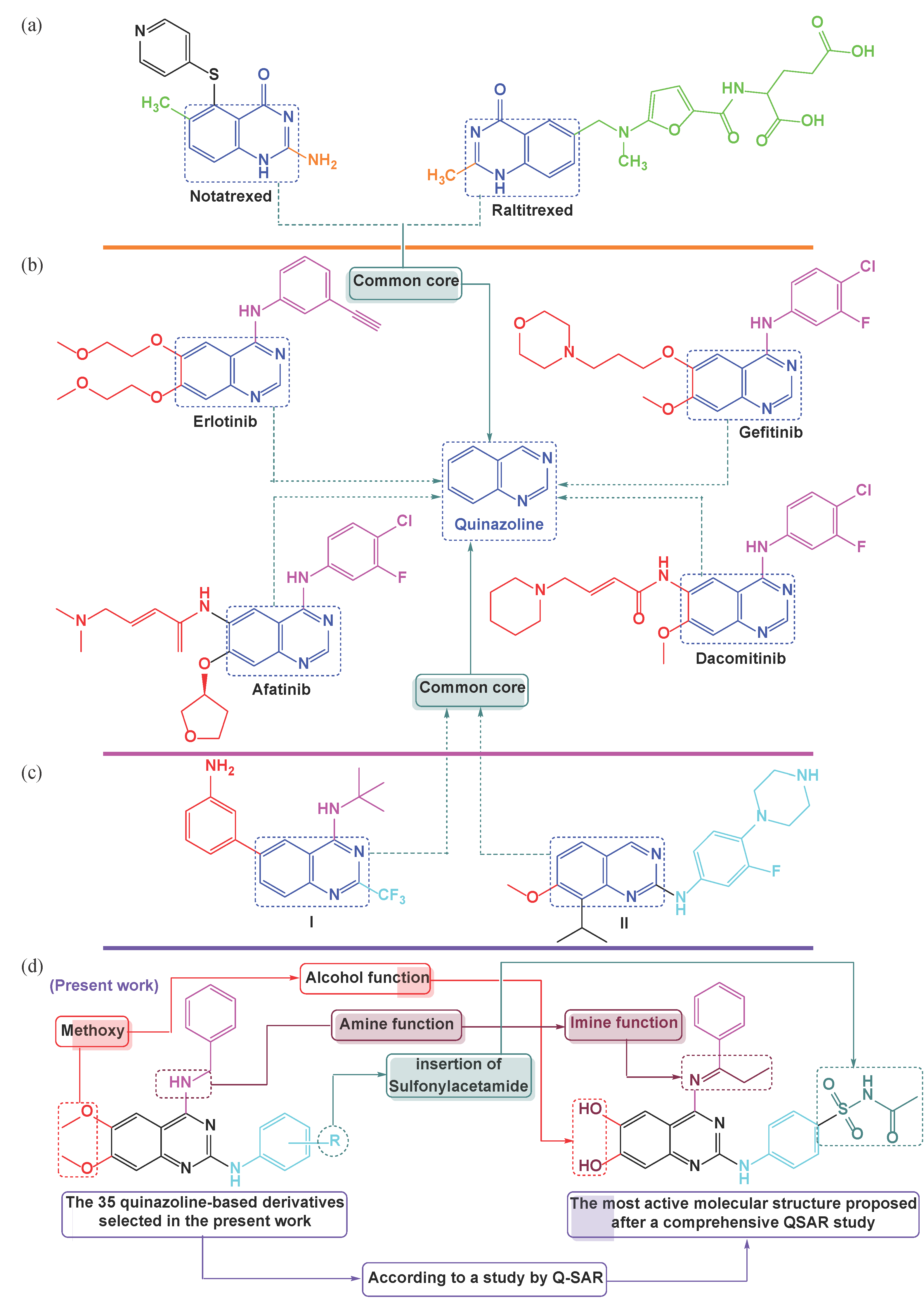 (a) Quinazolinone derivatives with potent anticancer activity. (b) Drugs based on the quinazoline scaffold. (c) Quinazoline derivatives with strong anticancer properties. (d) Strategy adopted in the present study.