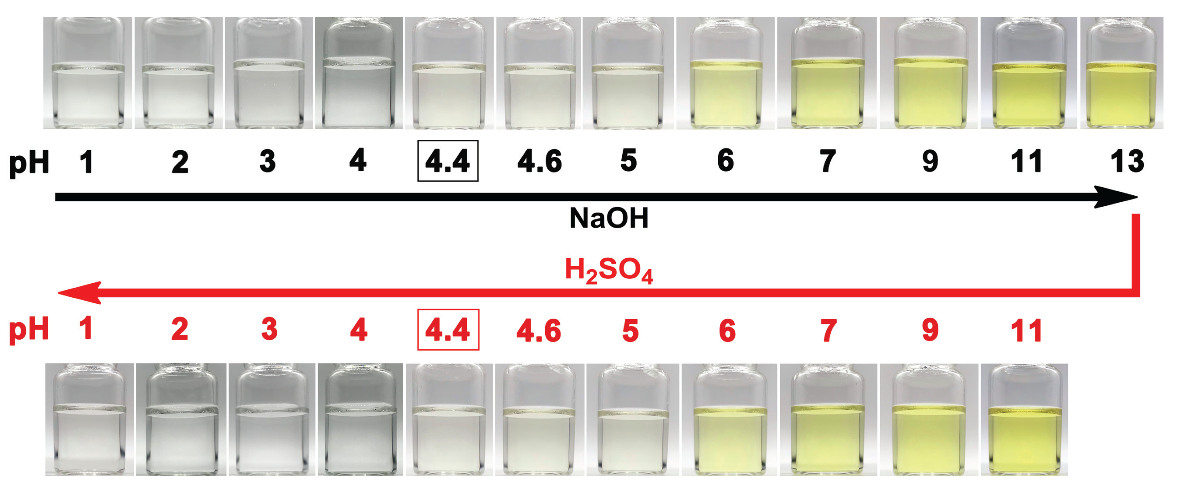 Digital photographs of this pH indicator in different acidic and alkaline environments.